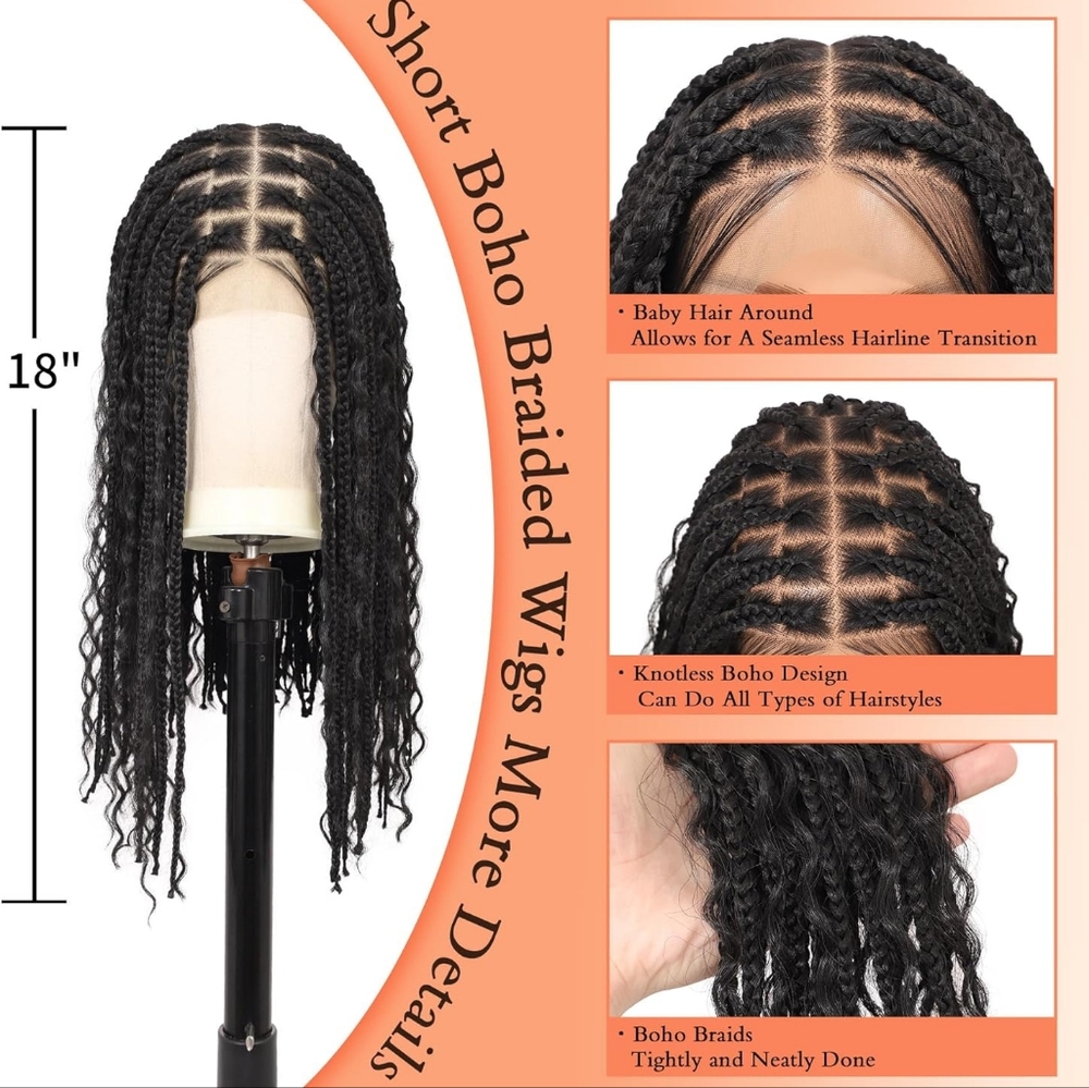 Jet Black Boho Box Braids Wig - Full Lace Handmade - Picture 6 of 6